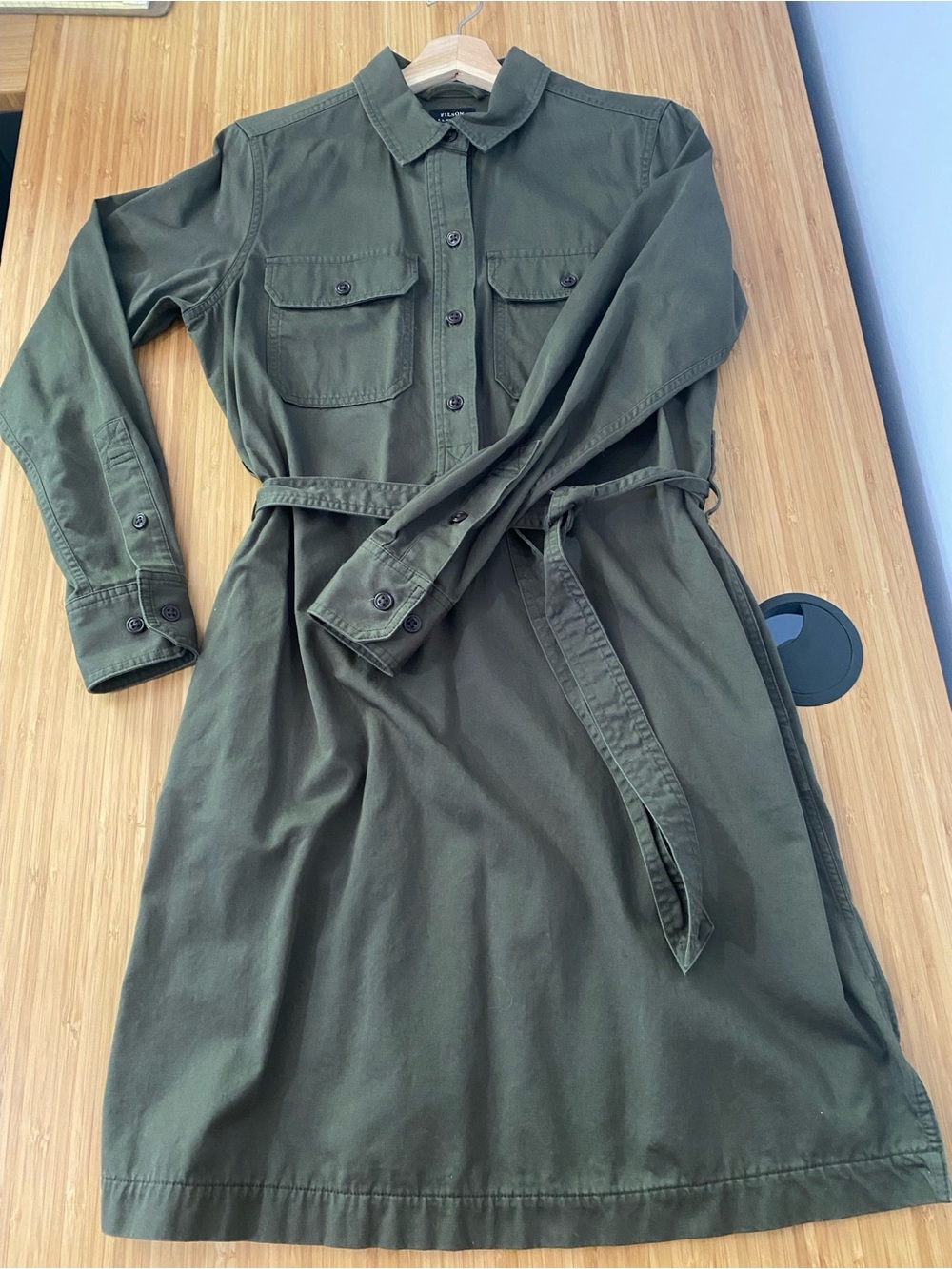 Filson Olive Green Button-Front Shirt Dress with Tie Belt